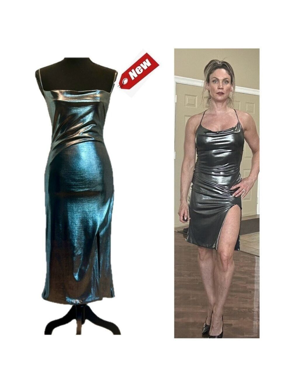 Kali Fashion silver chrome metallic foil spaghetti strap open back bodycon dress